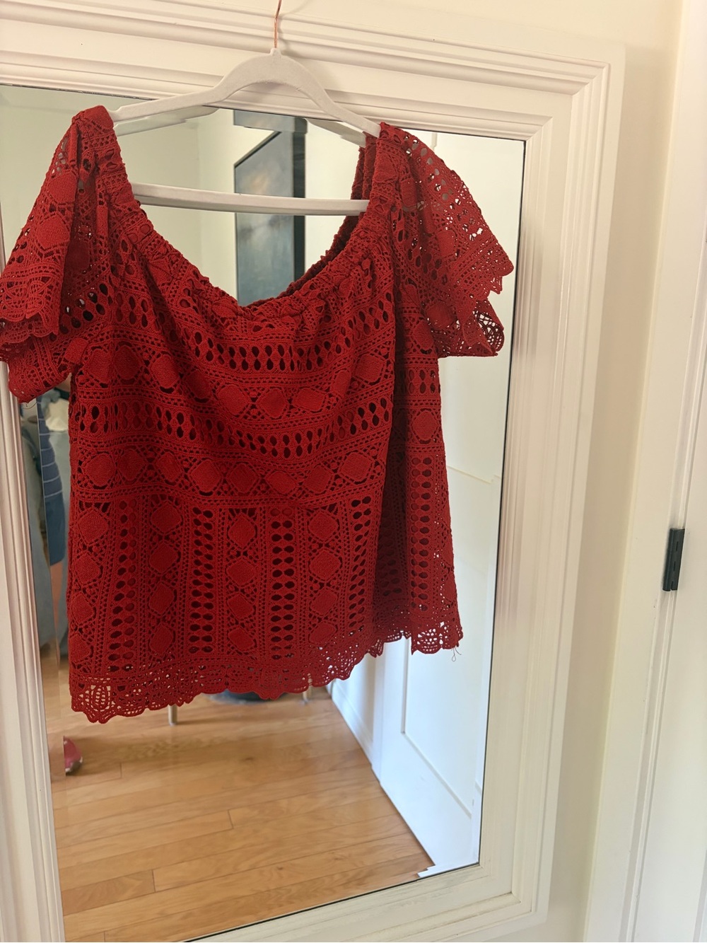 Sunday in Brooklyn Red Crochet Off-Shoulder Crop Top